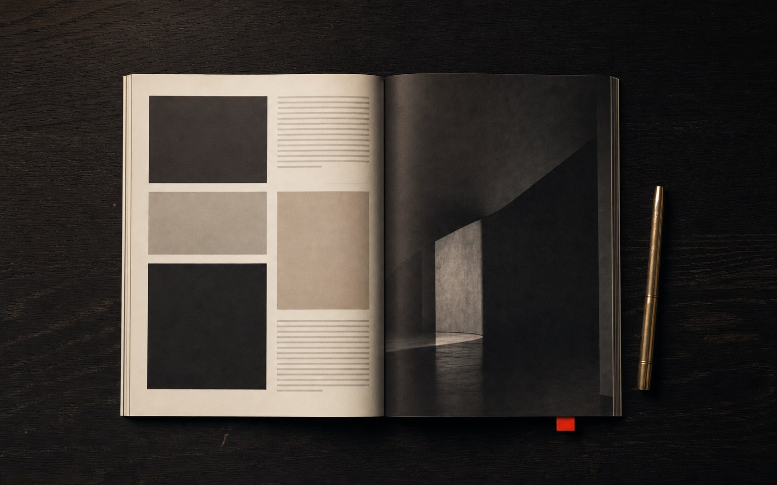 Flat-lay éditorial du journal GASHYL — magazine de design ouvert, lumière rasante.