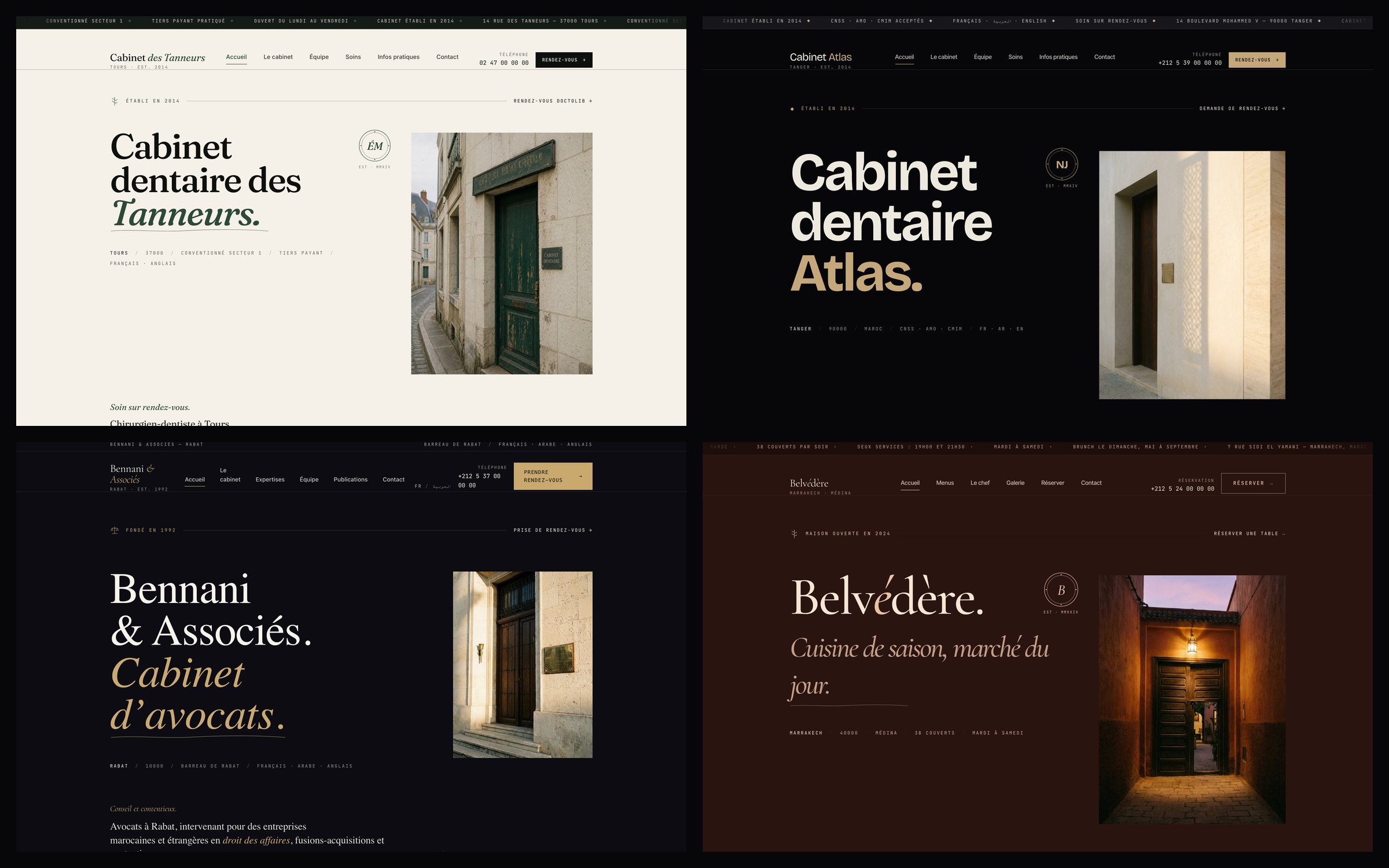 Mosaïque 2×2 des quatre sites livrés — Tanneurs, Atlas, Bennani, Belvédère.