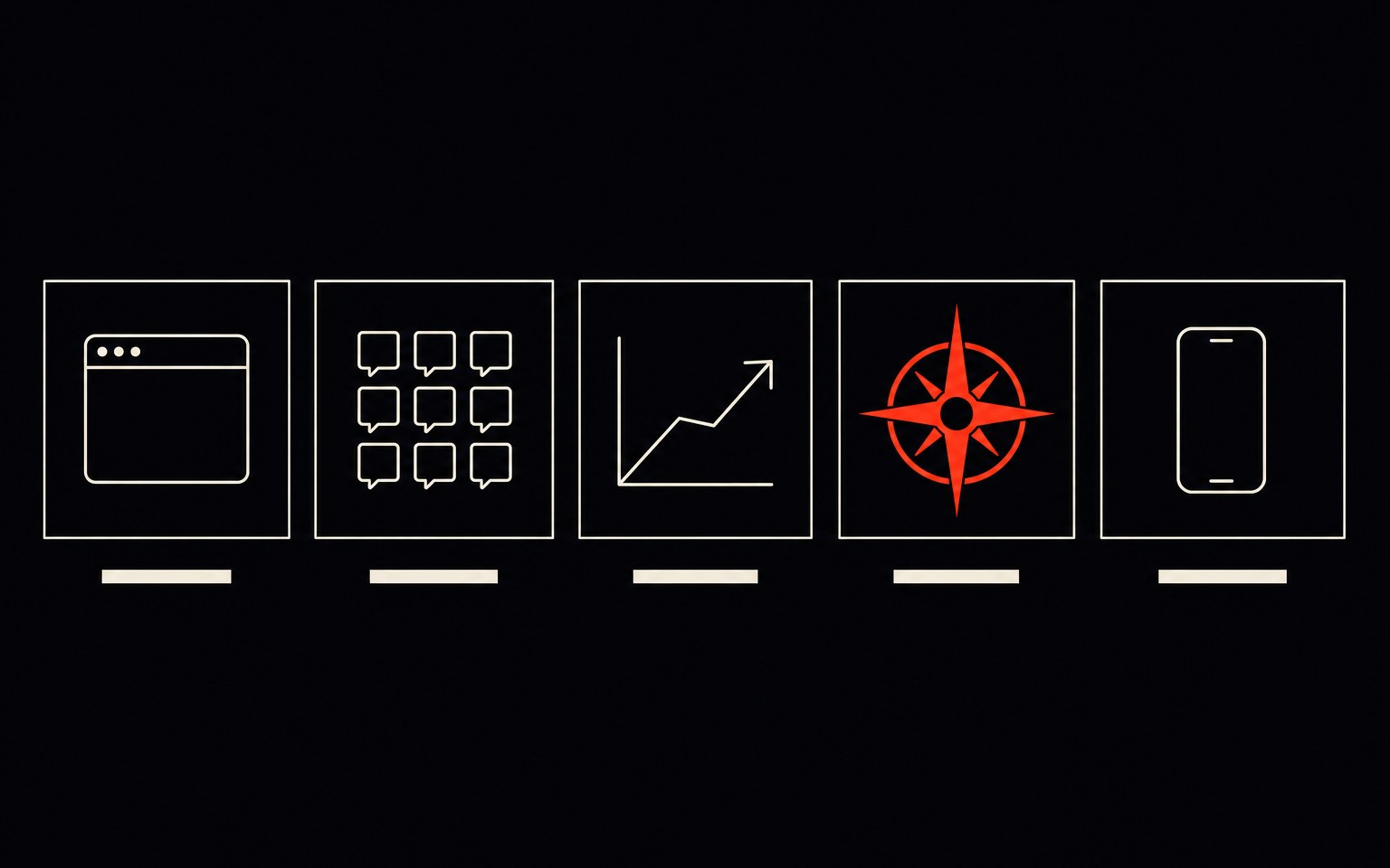 Les cinq pratiques GASHYL en pictogrammes — web, social, publicité, branding, application.