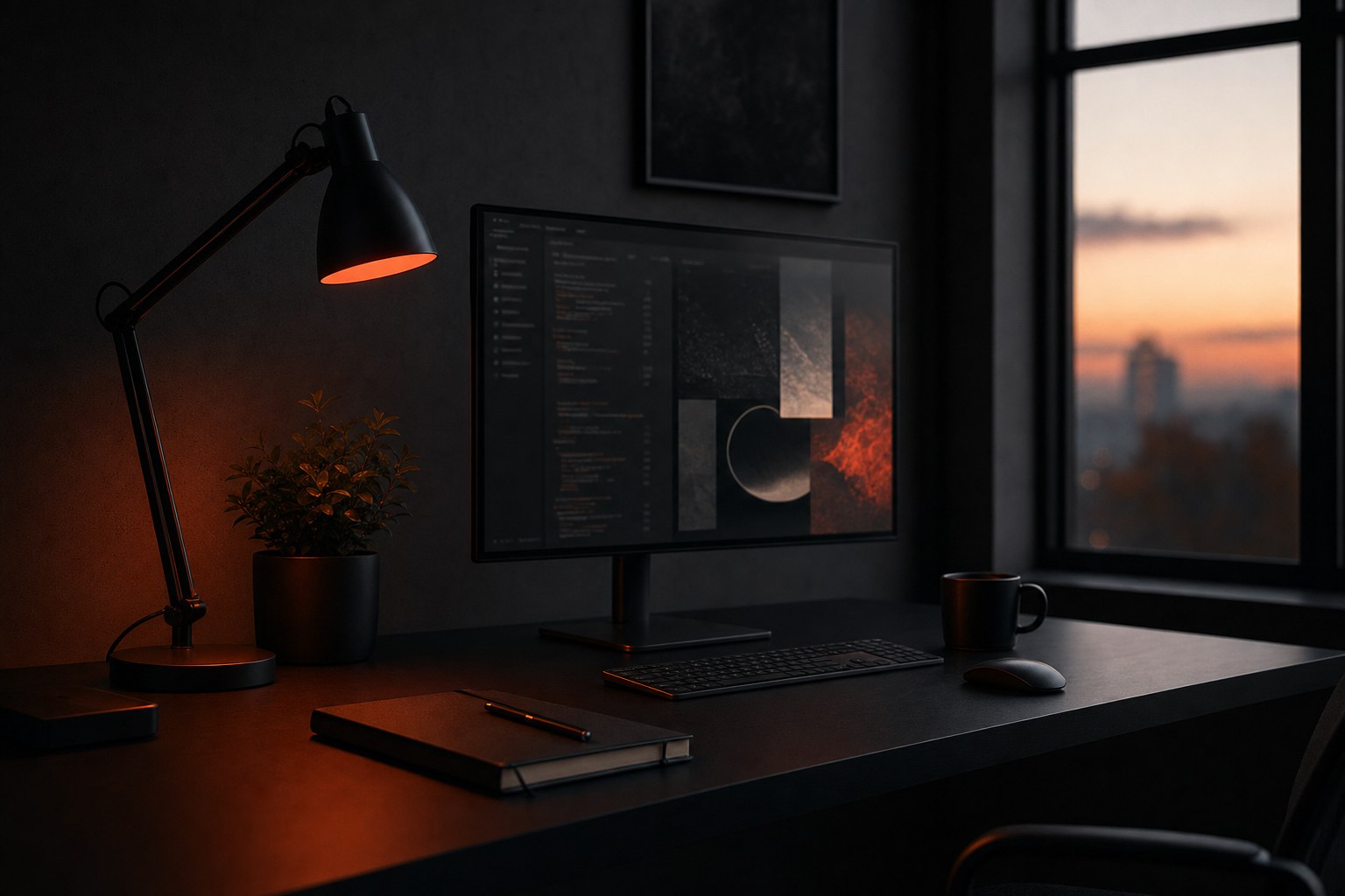 Poste de travail GASHYL — bureau, écran avec du code, lampe d'appoint, plante, carnet, à la tombée du jour.